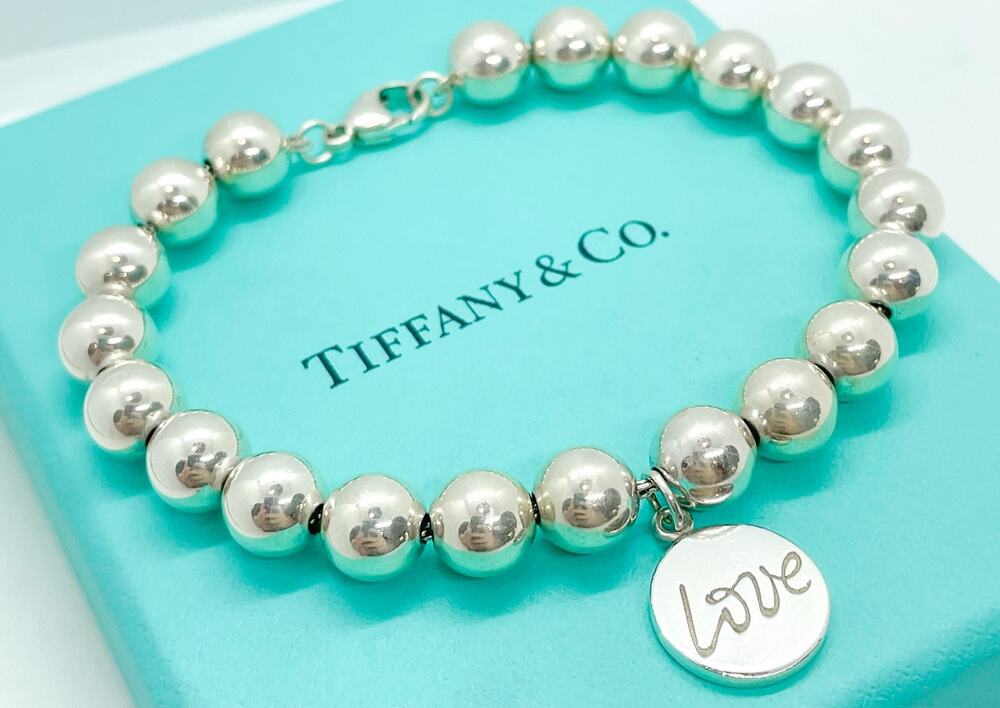 Tiffany & Co. Paloma Picasso Graffiti Love Charm 8mm Bead Bracelet Silver 7.25"